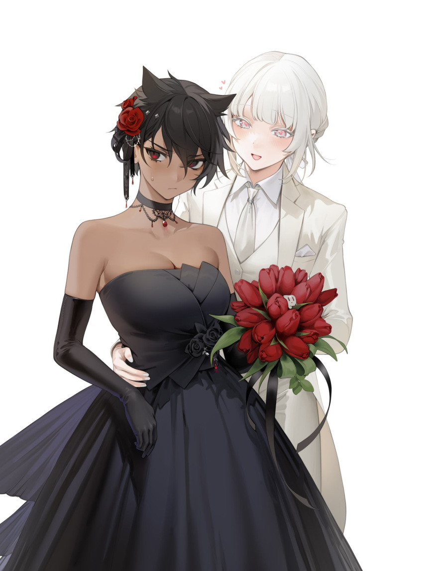 2girls bangs bare_shoulders black_choker black_dress black_flower black_gloves blush bouquet breasts choker collared_shirt cross_print dark-skinned_female dark_skin dress elbow_gloves eyebrows_visible_through_hair flower formal gloves hair_flower hair_ornament hair_ribbon hand_on_another's_hip highres holding holding_bouquet holding_flower jacket large_breasts looking_at_another looking_at_viewer micchan_(ohisashiburi) multiple_girls nacchan_(ohisashiburi) necktie ohisashiburi open_mouth original pants red_flower ribbon shirt short_hair skindentation smile sweatdrop symbol_commentary tomboy vest white_hair white_jacket white_ribbon white_shirt wife_and_wife yuri