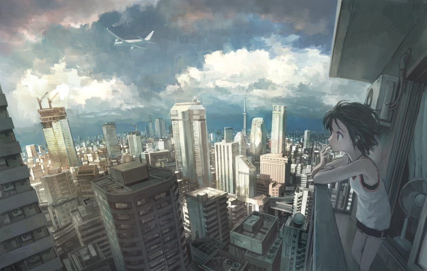 1girl air_conditioner aircraft airplane balcony black_hair black_shorts brown_eyes building cityscape clouds cloudy_sky dolphin_shorts fan hand_on_own_face highres leaning_forward original railing scenery short_hair shorts sky solo standing tank_top tokunaga_akimasa white_tank_top