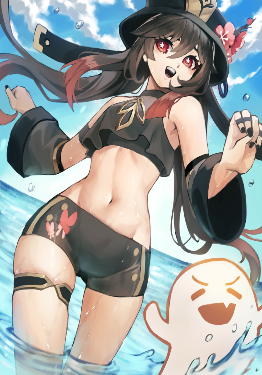 1girl absurdres bikini black_headwear black_nails black_shorts blue_sky brown_hair detached_sleeves flower frills genshin_impact highres hu_tao_(genshin_impact) jewelry nail_polish navel netural open_mouth partially_submerged plum_blossoms red_eyes ring short_shorts shorts sky swimsuit symbol-shaped_pupils water wet wide_sleeves