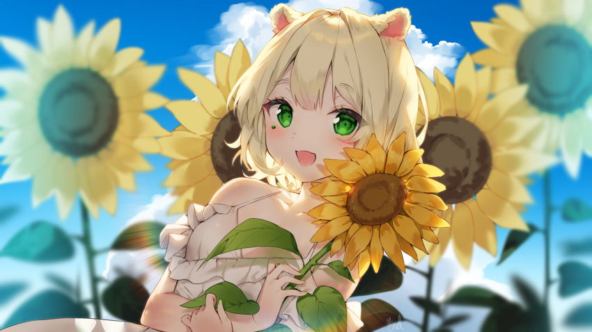 1girl :d alpaca_ears animal_ears bangs bare_shoulders blonde_hair blue_sky blurry blurry_background blush breasts cheli_(kso1564) clouds cloudy_sky collarbone commentary_request day depth_of_field dress eyebrows_visible_through_hair flower frilled_dress frills green_eyes highres looking_at_viewer object_hug off-shoulder_dress off_shoulder official_art open_mouth original outdoors sky small_breasts smile solo sunflower upper_body white_dress yellow_flower