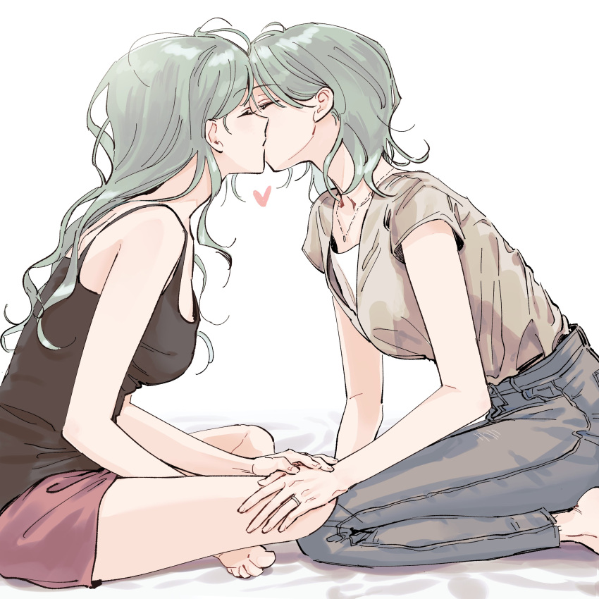 2girls absurdres bang_dream! breasts closed_eyes commentary_request denim eyebrows_visible_through_hair green_hair hand_on_another's_hand hand_on_another's_knee heart highres hikawa_hina hikawa_sayo incest jeans jewelry kiss multiple_girls necklace pants ring siblings sisters toes twincest twins yuri zihacheol