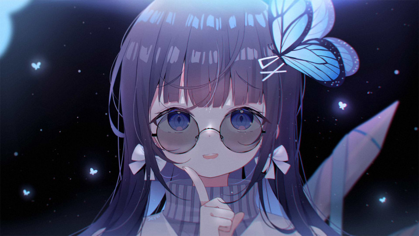 1girl :d aoi_nabi bangs black-framed_eyewear black_hair blue_eyes blue_hair bow butterfly_hair_ornament deyui eyebrows_visible_through_hair glasses grey_sweater hair_bow hair_ornament hairclip hand_up highres index_finger_raised indie_virtual_youtuber long_hair looking_at_viewer multicolored_hair noise open_mouth portrait round_eyewear signature smile solo sweater turtleneck turtleneck_sweater two-tone_hair upper_teeth virtual_youtuber white_bow x_hair_ornament