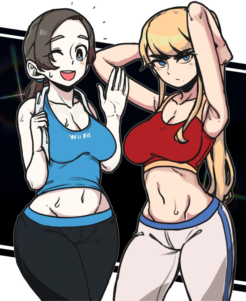 2girls black_hair blonde_hair blue_eyes blush breasts capri_pants colored_skin eyelashes grey_eyes highres large_breasts long_hair looking_at_viewer masgamjya metroid metroid_dread midriff mole mole_under_mouth multiple_girls navel open_mouth pants ponytail samus_aran simple_background smile spandex super_smash_bros. sweat tank_top towel white_skin wii_fit wii_fit_trainer wii_fit_trainer_(female)