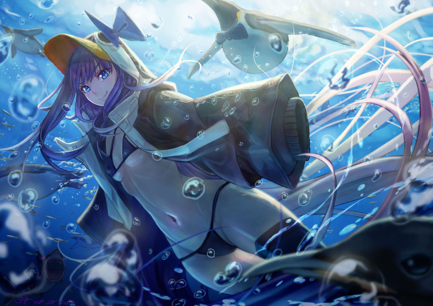 1girl air_bubble animal_hood bikini bird black_bikini black_coat blue_eyes blurry blurry_foreground breasts bubble closed_mouth coat commentary_request day depth_of_field fate/grand_order fate_(series) hood hood_up long_hair long_sleeves looking_at_viewer meltryllis_(fate) meltryllis_(swimsuit_lancer)_(fate) navel ocean open_clothes open_coat penguin penguin_hood purple_hair sakumichi sleeves_past_fingers sleeves_past_wrists small_breasts smile string_bikini submerged swimming swimsuit thigh-highs underwater very_long_hair water white_legwear