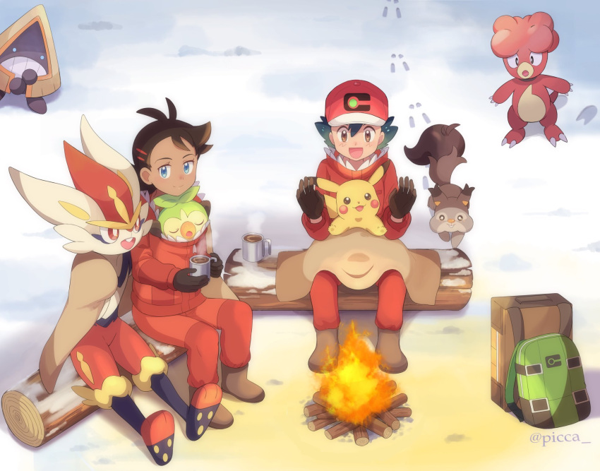 2boys :d antenna_hair ash_ketchum backpack bag bag_removed bangs baseball_cap blanket blue_eyes boots brown_eyes brown_footwear brown_gloves brown_hair campfire cinderace closed_mouth cup eyelashes fire footprints fur-trimmed_jacket fur_trim gen_1_pokemon gen_2_pokemon gen_3_pokemon gen_8_pokemon gloves goh_(pokemon) green_bag grookey hands_up hat highres holding holding_cup inside_clothes jacket liquid log magby male_focus mei_(maysroom) multiple_boys open_mouth orange_jacket orange_pants pants pikachu pokemon pokemon_(anime) pokemon_(creature) pokemon_swsh_(anime) red_headwear short_hair sitting skwovet smile snorunt snow starter_pokemon steam tongue