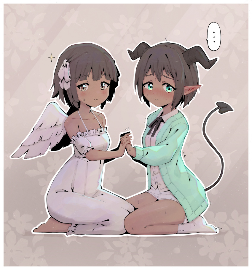 ... 2girls absurdres angel angel_and_devil aqua_cardigan bangs bare_shoulders barefoot black_horns black_neckwear black_ribbon blunt_bangs blush bob_cut border breasts brown_background brown_eyes brown_hair buttons cardigan closed_mouth collarbone collared_shirt commentary dark-skinned_female dark_skin demon_girl demon_tail dress ear_blush eyebrows_visible_through_hair feathered_wings floral_background frilled_dress frilled_sleeves frills from_side full_body green_eyes hair_intakes hair_ribbon hands_up happy highres holding_hands horns interlocked_fingers kneeling long_sleeves looking_away looking_to_the_side miniskirt multiple_girls neck_ribbon nervous nose_blush off-shoulder_dress off_shoulder open_cardigan open_clothes original outline pencil_skirt pointy_ears ribbon rune_(pixiv_25170019) seiza shiny shiny_hair shirt short_hair short_sleeves sidelocks simple_background sitting skirt small_breasts smile socks spaghetti_strap sparkle speech_bubble spoken_ellipsis sweat symmetry tail trembling wavy_mouth white_border white_dress white_legwear white_outline white_ribbon white_shirt white_skirt white_wings wings yuri