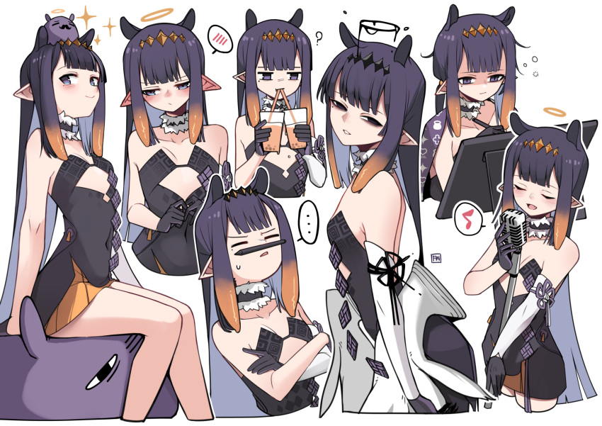 ... 1girl ? angry_num animal_on_head black_gloves blush bubble_tea closed_eyes covered_navel cropped_legs crossed_arms ear_blush facial_hair flat_chest gloves halo headpiece highres hololive hololive_english long_hair looking_at_viewer microphone microphone_stand mole mole_under_eye multiple_views music musical_note mustache ninomae_ina'nis on_head pen pointy_ears purple_hair simple_background singing sitting_on_animal smile spoken_blush spoken_ellipsis spoken_musical_note tako_(ninomae_ina'nis) tentacle_hair violet_eyes white_background