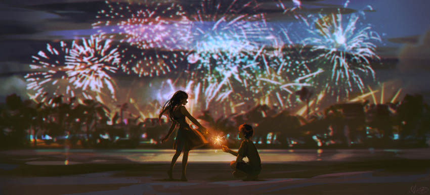 1boy 1girl alzi_xiaomi barefoot blurry blurry_background bokeh brown_hair building chinese_commentary city_lights cityscape closed_mouth clouds cloudy_sky contrapposto depth_of_field dress fireworks full_moon highres holding holding_sparkler lake long_hair looking_at_another moon night open_mouth original outdoors outstretched_arm palm_tree reflection reflective_water scenery short_hair short_sleeves shorts sky sleeveless sleeveless_dress smile sparkler squatting standing tree wide_shot