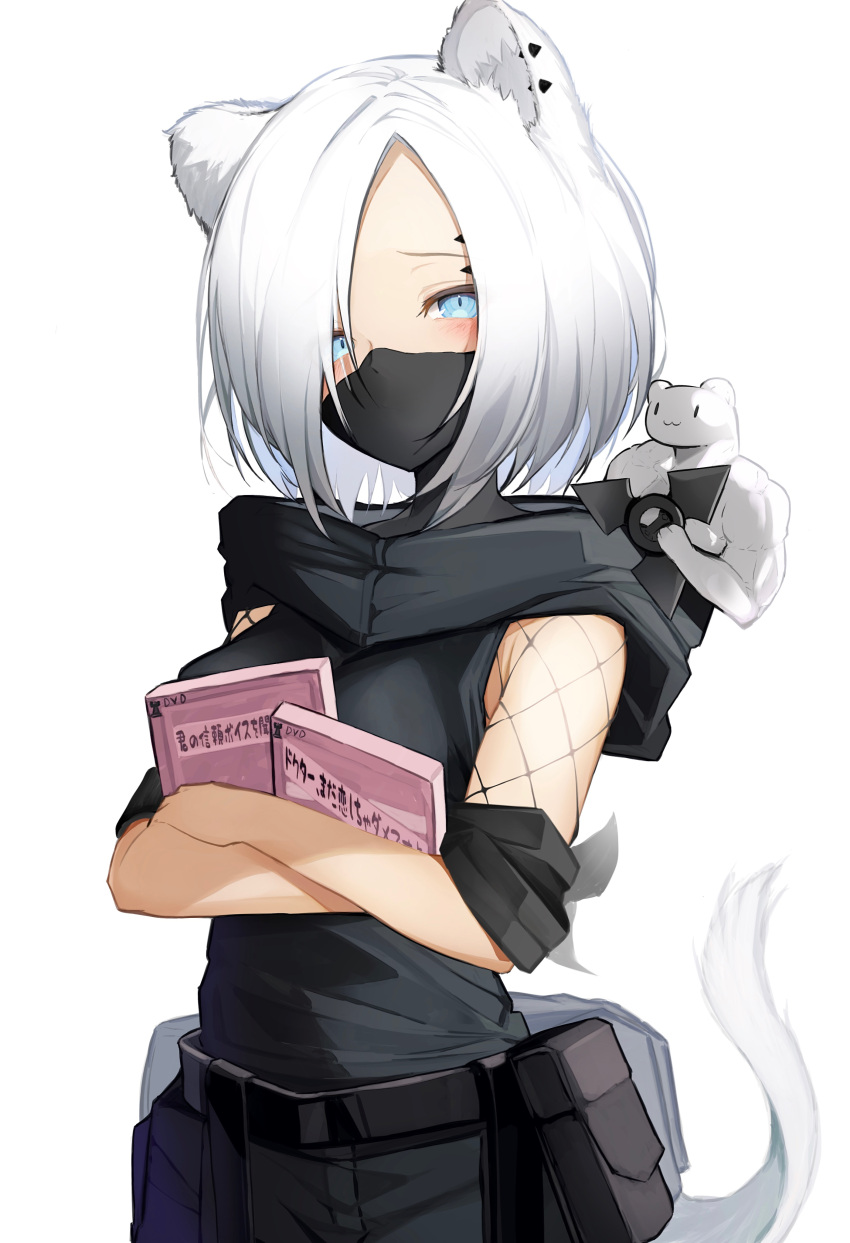 1girl absurdres animal_ears arknights blue_eyes dvd_case highres holding holding_case looking_at_viewer mask shirayuki_(arknights) short_hair simple_background solo tab_head tail white_background white_hair