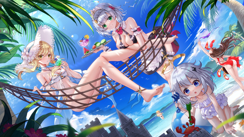 5girls amber_(genshin_impact) ball barefoot beach beachball bikini_top_removed bird blonde_hair blue_eyes blue_sky braid breasts brown_hair chinese_commentary clouds commentary_request crab day dutch_angle fischl_(genshin_impact) flower french_braid genshin_impact green_eyes hammock hat highres long_hair lumine_(genshin_impact) medium_breasts multiple_girls navel noelle_(genshin_impact) outdoors paimon_(genshin_impact) palm_tree partial_commentary seagull short_hair silver_hair sitting sky smile sun_hat swordsouls topless tray tree yellow_eyes