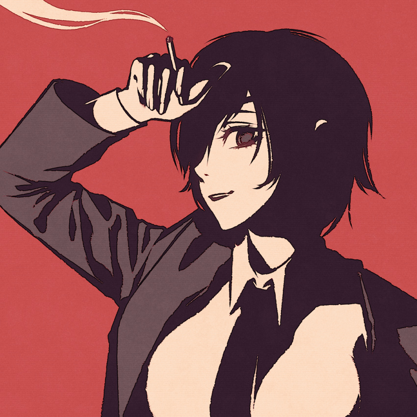1girl arm_up black_eyes black_hair black_jacket black_neckwear black_suit breasts chainsaw_man cigarette collared_shirt commentary dress_shirt eyepatch high_contrast himeno_(chainsaw_man) holding holding_cigarette jacket looking_at_viewer medium_breasts moshimoshibe necktie one_eye_covered open_clothes open_jacket open_mouth red_background shirt short_hair simple_background smile smoke solo upper_body white_shirt wing_collar