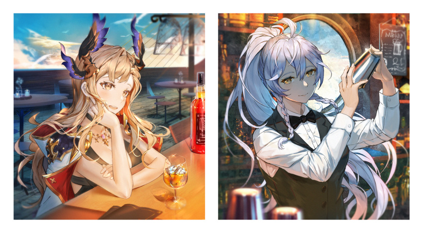 2girls alcohol alternate_costume bartender black_bow black_dress black_vest blonde_hair blue_sky border bow braid collared_shirt cup dress dress_shirt drinking_glass granblue_fantasy hand_on_own_chin head_wings high_ponytail highres ice ice_cube jacket jacket_on_shoulders jewelry long_hair looking_at_another lu" mixing multiple_girls necklace open_mouth shaking shirt silva_(granblue_fantasy) silver_hair sitting sky smile song_(granblue_fantasy) table twin_braids vest wavy_hair white_border white_shirt wooden_floor yellow_eyes
