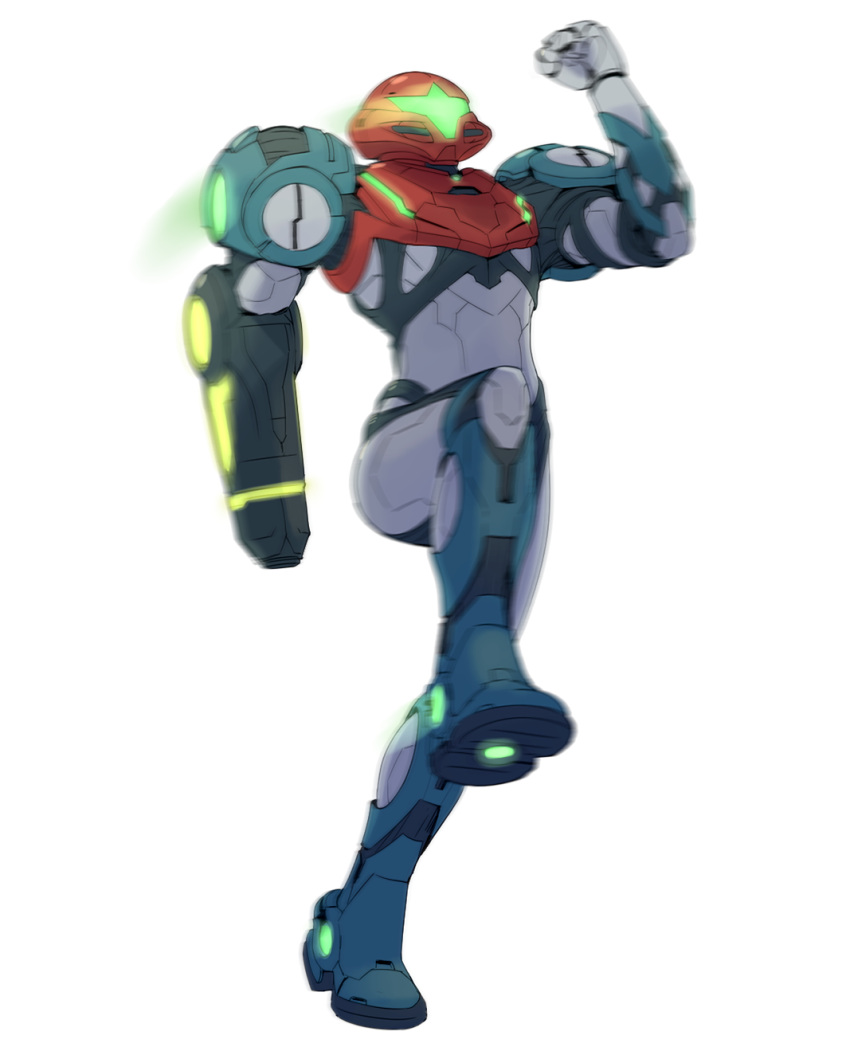 1girl arm_cannon blurry english_commentary fleeing glowing highres metroid metroid_dread neon_trim power_armor running samus_aran solo stup-jam transparent_background weapon
