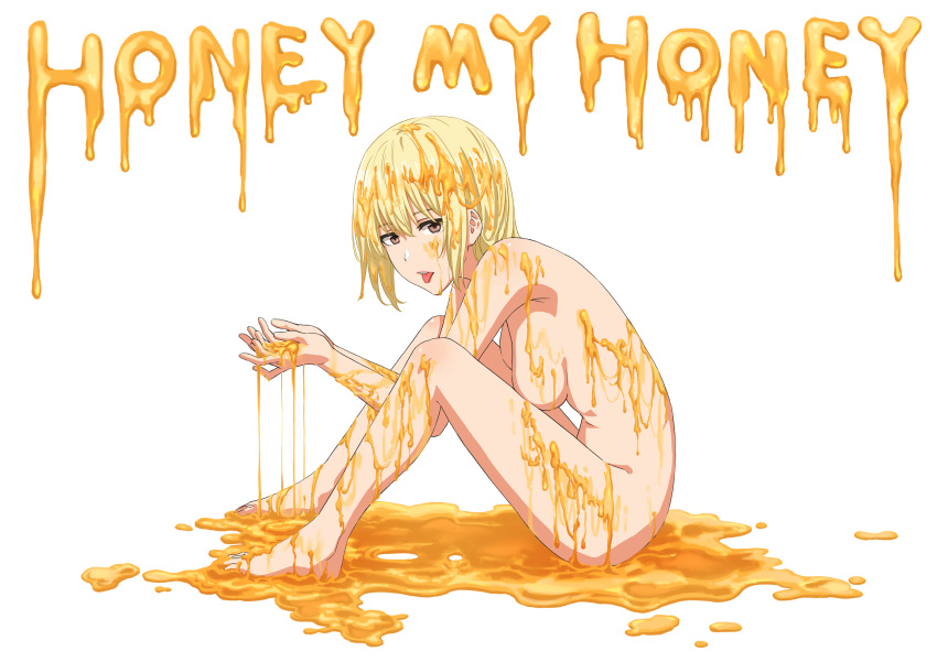 1girl absurdres blonde_hair brown_eyes commentary english_commentary english_text highres honey nude original sitting solo tongue tongue_out tuskryo white_background