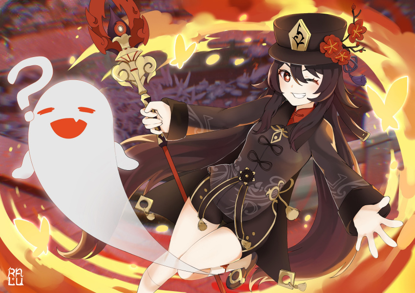 1girl ;d ? bangs black_hair black_shorts blurry bug butterfly chinese_clothes commentary depth_of_field eyebrows_visible_through_hair fire flower genshin_impact ghost grin hair_between_eyes hat hat_flower hat_ornament highres holding holding_spear holding_weapon hu_tao_(genshin_impact) insect kneehighs long_hair long_sleeves looking_at_viewer one_eye_closed open_mouth outstretched_arms polearm ralucadraws red_eyes shorts sidelocks smile spear spread_arms staff_of_homa standing standing_on_one_leg twintails v-shaped_eyebrows weapon white_legwear