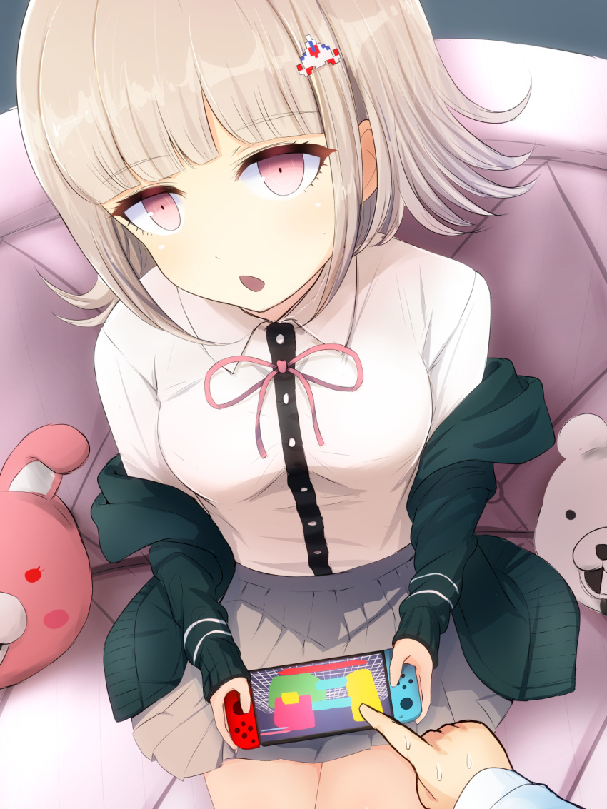 1girl :o bad_perspective bangs black_jacket black_shirt blunt_bangs blush breasts commentary_request couch dangan_ronpa_(series) dangan_ronpa_2:_goodbye_despair dress_shirt eyebrows_visible_through_hair flipped_hair from_above hair_ornament handheld_game_console highres holding holding_handheld_game_console hood igamushi4848 jacket looking_at_viewer nanami_chiaki nintendo_switch off_shoulder on_couch open_mouth out_of_frame pink_eyes playing_games pleated_skirt pointing ribbon shiny shiny_hair shirt sitting skirt solo_focus spaceship_hair_ornament sweat two-tone_shirt white_shirt