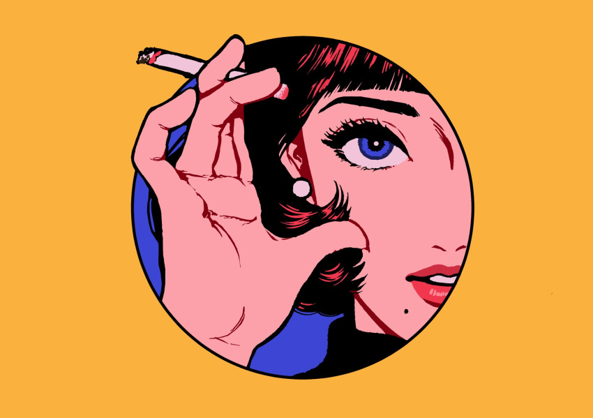 1girl black_hair blue_background blue_eyes border cigarette circle earrings hand_up highres holding holding_cigarette jewelry looking_at_viewer minillustration mole mole_under_mouth original parted_lips short_hair solo yellow_border