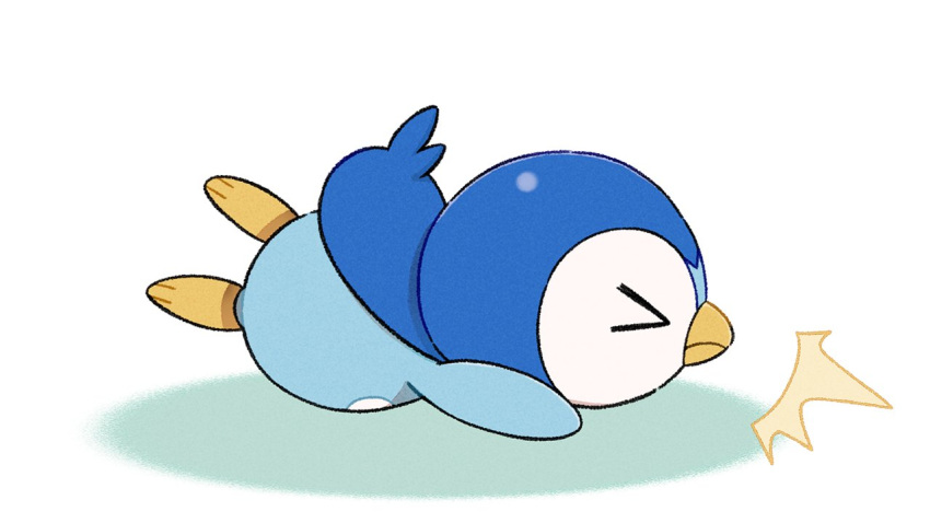 &gt;_&lt; ^^^ closed_eyes closed_mouth commentary_request creature fallen_down from_side full_body gen_4_pokemon lying no_humans official_art on_stomach piplup pokemon pokemon_(creature) prj_pochama solo starter_pokemon toes