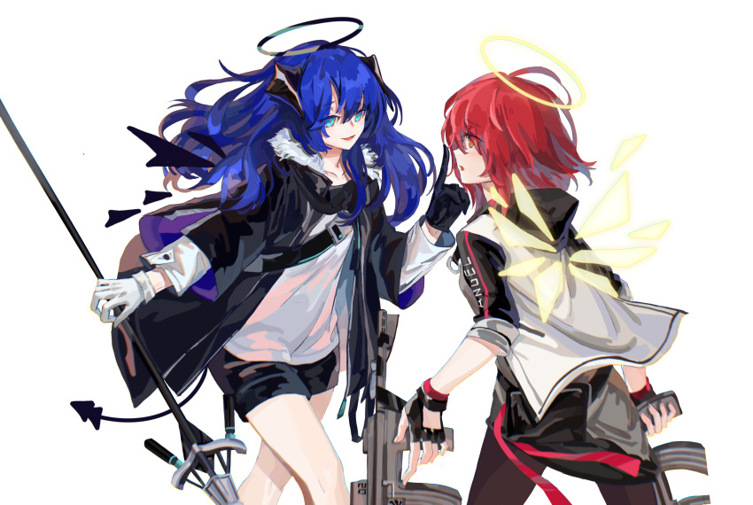 2girls absurdres arknights assault_rifle black_gloves black_jacket black_shorts blue_eyes blue_hair blush demon_horns demon_tail detached_wings energy_wings exusiai_(arknights) eyebrows_visible_through_hair fur-trimmed_jacket fur_trim gloves gun halo highres holding holding_gun holding_staff holding_weapon hood hooded_jacket horns index_finger_raised jacket long_sleeves looking_at_another medium_hair mismatched_gloves mostima_(arknights) multiple_girls red_eyes redhead rifle shirt short_hair shorts simple_background smile sparkle staff straight_hair strap tail tiannanyouhongsihuozhu turtleneck upper_body weapon white_background white_gloves white_jacket wings
