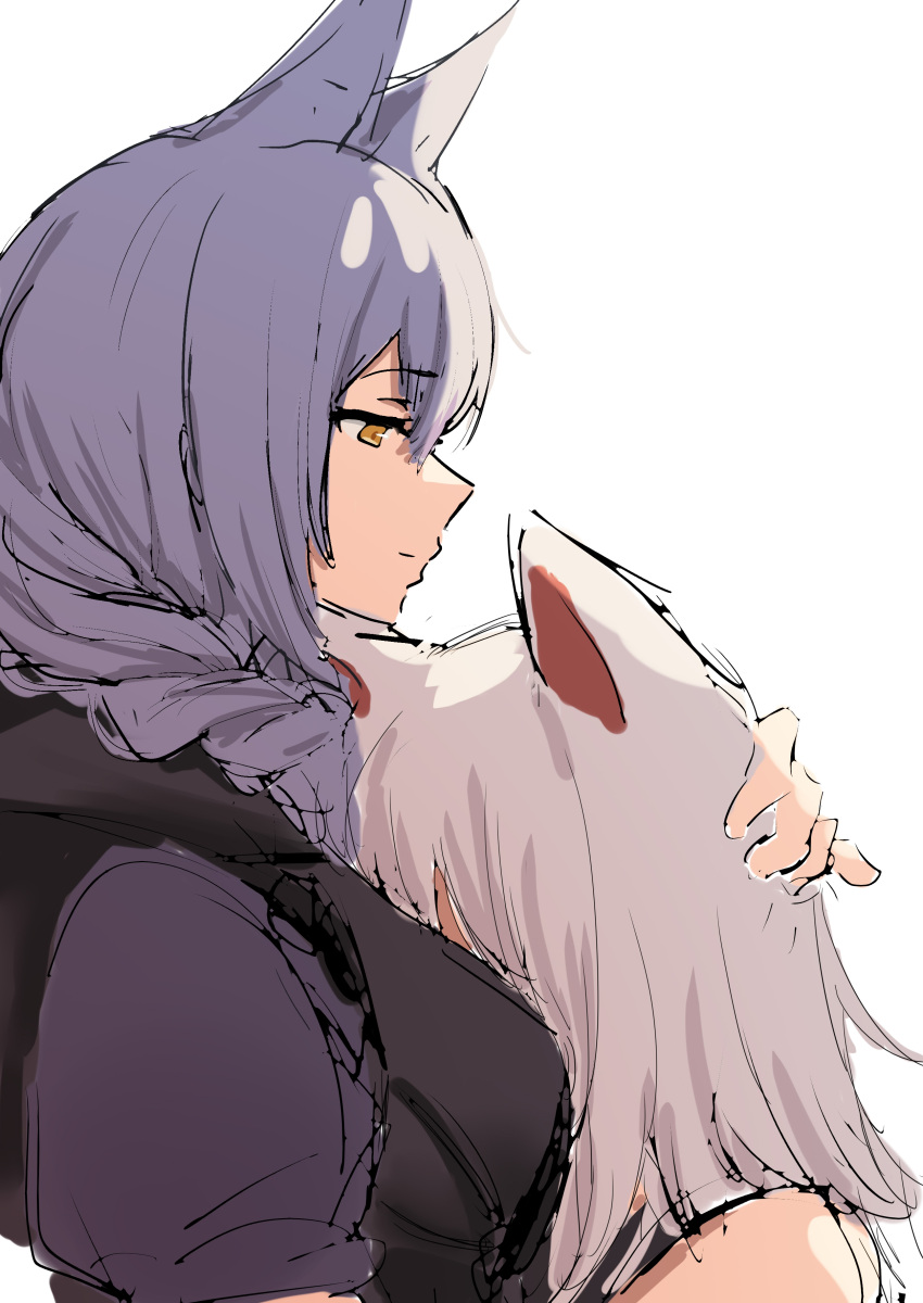 2girls absurdres animal_ears arknights black_vest braid commentary fcwhy233 hand_on_another's_head highres hug long_hair mouse_ears multiple_girls provence_(arknights) purple_hair purple_shirt scavenger_(arknights) shirt simple_background upper_body vest white_background wolf_ears yellow_eyes yuri