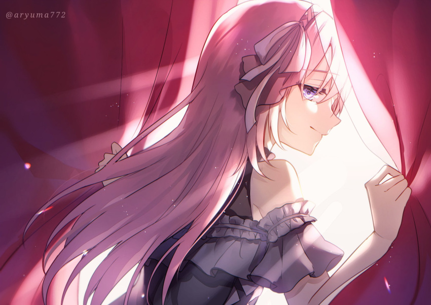 1girl aryuma772 backlighting blue_eyes commentary curtain_grab curtains dress frilled_armband from_behind grey_dress hairband half-closed_eyes highres light_smile long_hair looking_at_viewer looking_back megurine_luka pink_hair project_sekai solo twitter_username vocaloid