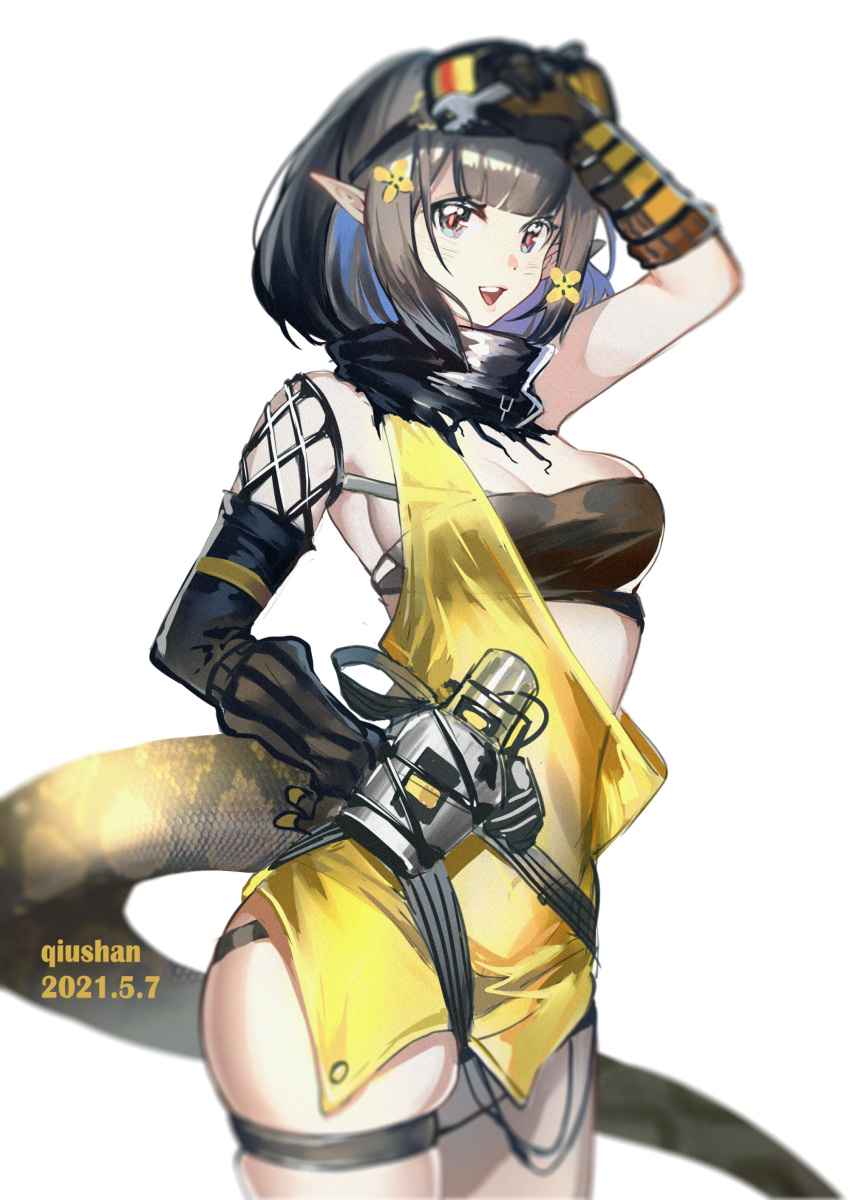 1girl :d absurdres arknights arm_up bandeau bangs bare_shoulders black_gloves black_hair black_scarf cowboy_shot dated diao_bu_landuo eunectes_(arknights) gloves goggles goggles_on_head highres open_mouth pointy_ears scarf simple_background skindentation smile snake_tail solo standing strapless tail thigh_strap thighs tubetop white_background