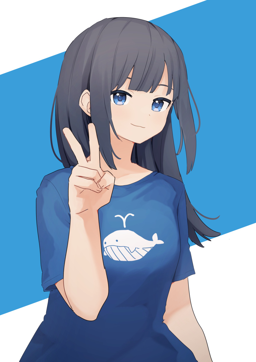 1girl absurdres bangs black_hair blue_background blue_eyes blue_shirt closed_mouth commentary english_commentary hand_up highres long_hair original shiratakiseaice shirt short_sleeves smile solo two-tone_background upper_body v whale white_background