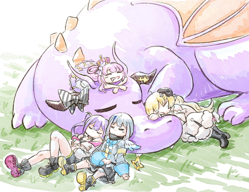 5girls amane_kanata angel_wings blonde_hair bow closed_eyes crown dragon drooling fangs himemori_luna hololive horn_bow horns kiryu_coco_(dragon) long_hair multiple_girls na_gatana on_head person_on_head pink_hair purple_hair sheep_horns silver_hair sleeping tokoyami_towa tsunomaki_watame twintails wings