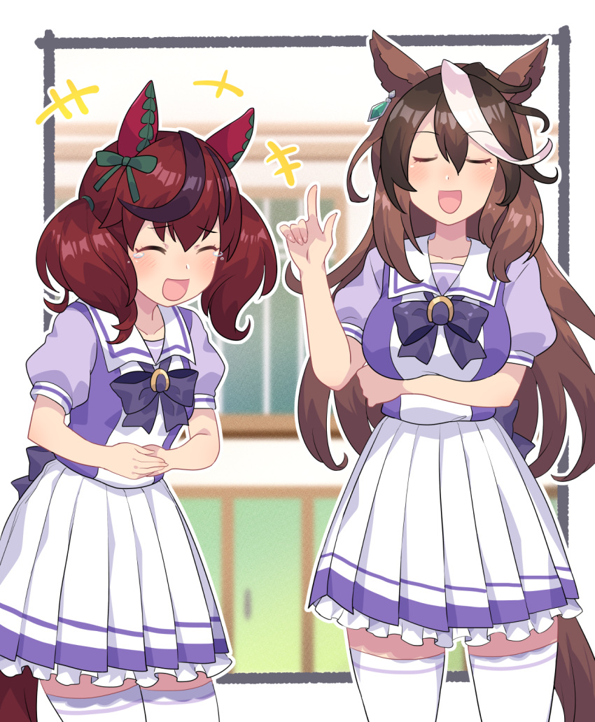 2girls animal_ears blurry blurry_background blush closed_eyes hair_between_eyes hair_ornament hands_on_stomach highres horse_ears horse_girl horse_tail laughing long_hair medium_hair multicolored_hair multiple_girls nice_nature_(umamusume) open_mouth redhead school_uniform symboli_rudolf_(umamusume) tail tears thigh-highs tomoyohi umamusume