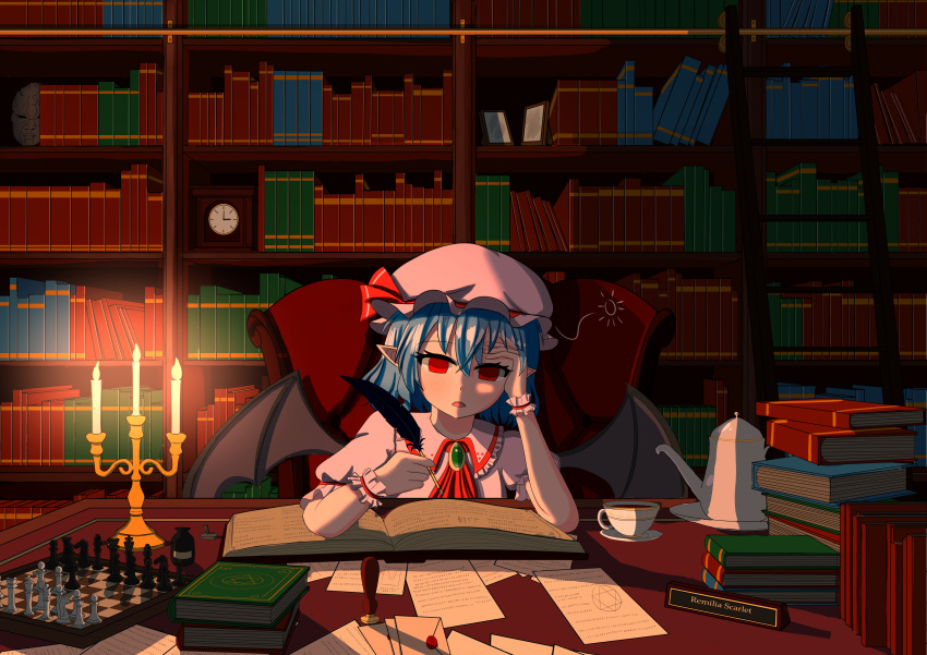 1girl absurdres ascot bad_proportions bangs bat_wings blue_hair book book_stack bookshelf brooch candle candlelight candlestand chair character_name chessboard clock commentary_request cup dress empty_eyes expressionless frilled_shirt_collar frills hair_between_eyes hand_on_forehead hat hat_ribbon hexagram highres holding_quill inkwell jewelry jojo_no_kimyou_na_bouken looking_ahead open_mouth paper pink_dress pink_headwear pointy_ears puffy_short_sleeves puffy_sleeves red_eyes red_neckwear red_ribbon remilia_scarlet ribbon saucer sessei_(pksx8824) short_hair short_sleeves sitting solo star_of_david stone_mask_(jojo) tea teacup teapot touhou upper_body wings wrist_cuffs writing