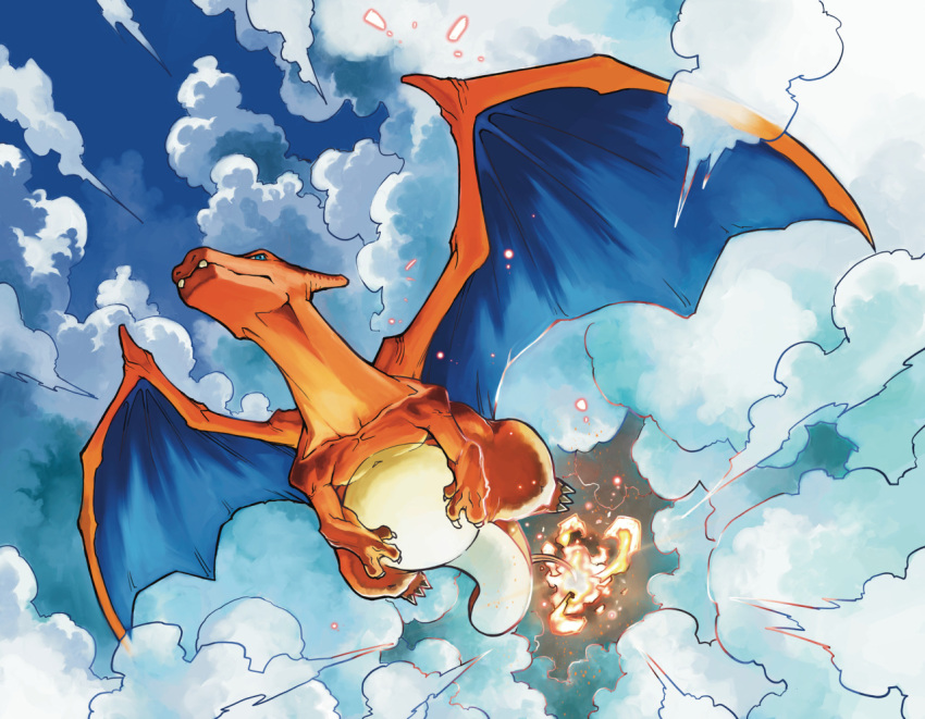 charizard claws closed_mouth clouds commentary_request fangs fire flying gen_1_pokemon green_eyes no_humans pokemon pokemon_(creature) sideways_glance solo yamanushi