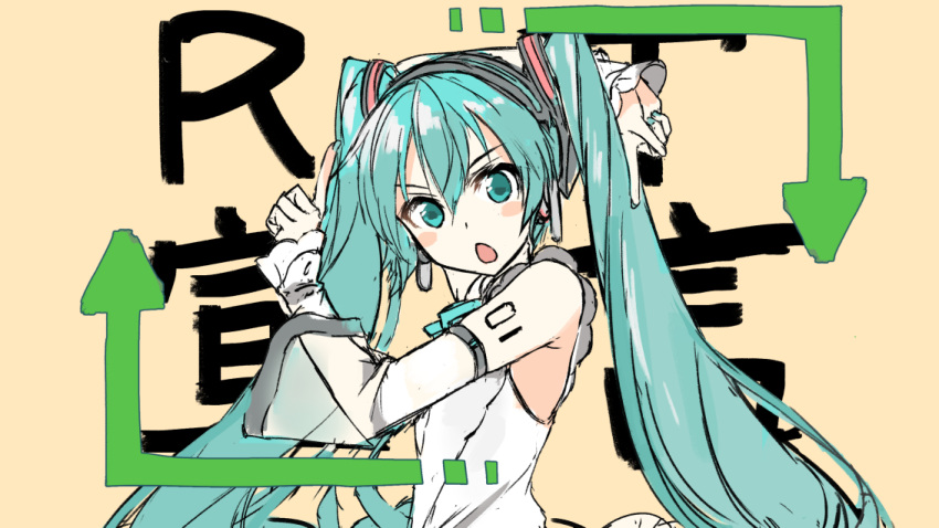 1girl aqua_eyes aqua_hair aqua_nails aqua_neckwear arrow_(symbol) bare_shoulders blush_stickers chestnut_mouth commentary daidou_(demitasse) detached_sleeves from_side goodbye_sengen_(vocaloid) hair_ornament hatsune_miku hatsune_miku_(nt) headphones index_finger_raised layered_sleeves long_hair looking_at_viewer looking_to_the_side nail_polish neck_ribbon open_mouth parody piapro ribbon see-through_sleeves shirt shoulder_tattoo sketch sleeveless sleeveless_shirt solo tattoo twintails upper_body very_long_hair vocaloid white_shirt white_sleeves yellow_background