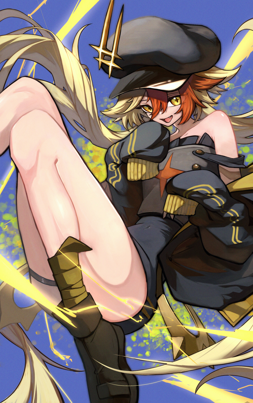 1girl absurdres alchemy_stars bangs bare_legs bare_shoulders black_headwear blonde_hair electricity fang gronru_(alchemy_stars) hair_between_eyes hat highres huge_filesize killert_0401 legs long_hair long_sleeves looking_at_viewer multicolored_hair orange_hair shoes sleeves_past_fingers sleeves_past_wrists smile solo strap_slip symbol-shaped_pupils thigh_strap thighs twintails very_long_hair yellow_eyes
