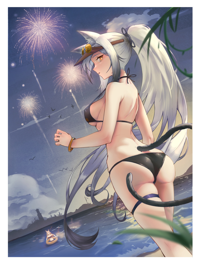 2girls absurdres animal_ear_fluff animal_ears arknights ass bangle bare_arms bare_legs bare_shoulders bikini black_bikini blue_sky bracelet breasts cat_ears cat_tail ceobe_(arknights) commentary dutch_angle english_commentary eyewear_on_head feet_out_of_frame fireworks halterneck highres jewelry large_breasts leveup long_hair multiple_girls orange_eyes ponytail schwarz_(arknights) silver_hair sky standing strap_gap sunglasses swimsuit tail thighs very_long_hair visor_cap water