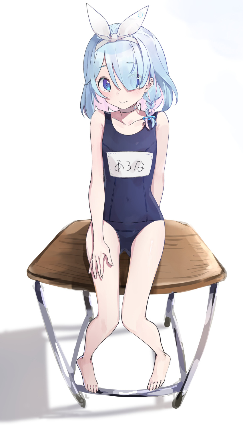 1girl 3: absurdres arona_(blue_archive) bare_legs barefoot blue_archive blue_eyes blue_hair blush bow collarbone commentary_request cottone_(highjethoo) desk flat_chest full_body hair_bow highres name_tag old_school_swimsuit school_desk school_swimsuit school_uniform short_hair simple_background sitting solo swimsuit white_background