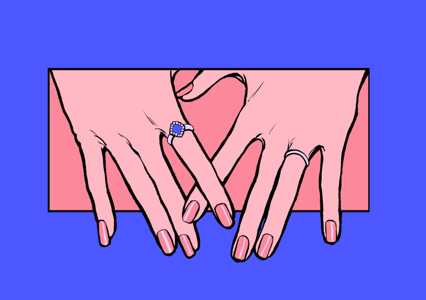 blue_border border hands highres jewelry minillustration nail_art original pink_background pink_nails ring