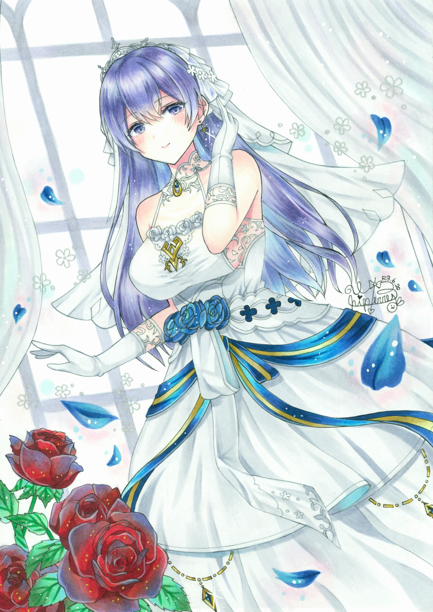 1girl absurdres azur_lane bare_shoulders breasts commentary_request dress eyebrows_visible_through_hair flower full_body gloves hair_between_eyes highres holding indoors large_breasts purple_hair ribbon rodney_(azur_lane) rodney_(palace_of_blessings)_(azur_lane) rose sideboob sleeveless sleeveless_dress solo tiara traditional_media veil violet_eyes whipberry white_dress white_gloves