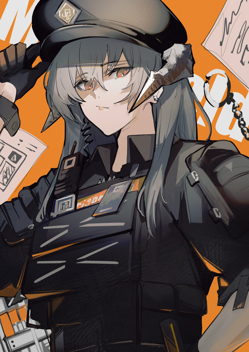 1girl adjusting_clothes adjusting_headwear amirun arknights black_gloves black_headwear black_shirt closed_mouth commentary_request cuffs dragon_horns eyebrows_visible_through_hair eyes_visible_through_hair gloves grey_hair handcuffs hat highres horns looking_at_viewer official_alternate_costume orange_background orange_eyes police police_hat police_uniform saria_(arknights) saria_(the_law)_(arknights) shirt sleeves_folded_up solo uniform upper_body walkie-talkie