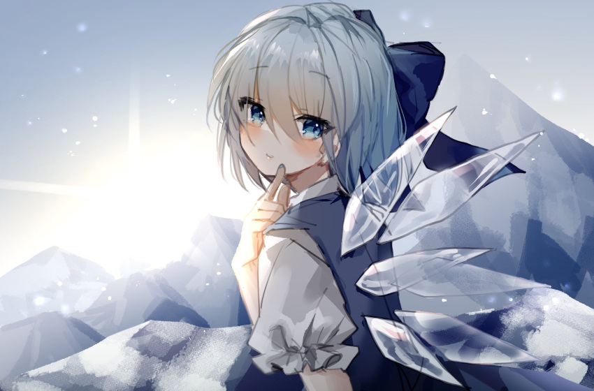 1girl aqua_nails backlighting bangs bloom blue_bow blue_dress blue_eyes blue_hair blue_vest blush bow cirno commentary_request diffraction_spikes dress eyebrows_visible_through_hair finger_to_cheek from_side hair_between_eyes hair_bow hand_up highres ice ice_wings index_finger_raised light_particles light_smile looking_at_viewer looking_back mountain mountainous_horizon nail_polish outdoors parted_lips pinafore_dress puffy_short_sleeves puffy_sleeves short_hair short_sleeves solo sorani_(kaeru0768) sun touhou upper_body vest wings