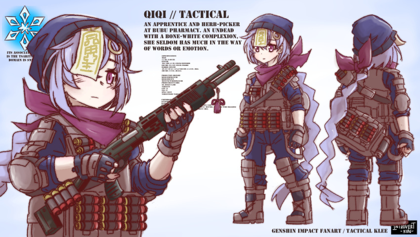1girl absurdly_long_hair alternate_costume amulet bag bangs black_gloves black_jumpsuit boots braid bulletproof_vest character_sheet coin_hair_ornament combat_boots commentary english_commentary english_text eyebrows_visible_through_hair fingerless_gloves from_behind full_body genshin_impact gloves gun hair_over_one_eye hair_ribbon hat holding holding_gun holding_weapon introvert-kun jiangshi long_hair looking_at_viewer low_ponytail ofuda purple_hair purple_scarf qiqi_(genshin_impact) ribbon scarf shotgun shotgun_shells sidelocks single_braid solo tactical_clothes trigger_discipline very_long_hair violet_eyes weapon
