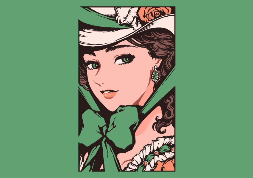 1girl border bow brown_hair earrings flower frills green_border green_bow green_eyes green_ribbon hat hat_flower highres jewelry long_hair minillustration original parted_lips pink_flower ribbon shadow smile solo white_headwear