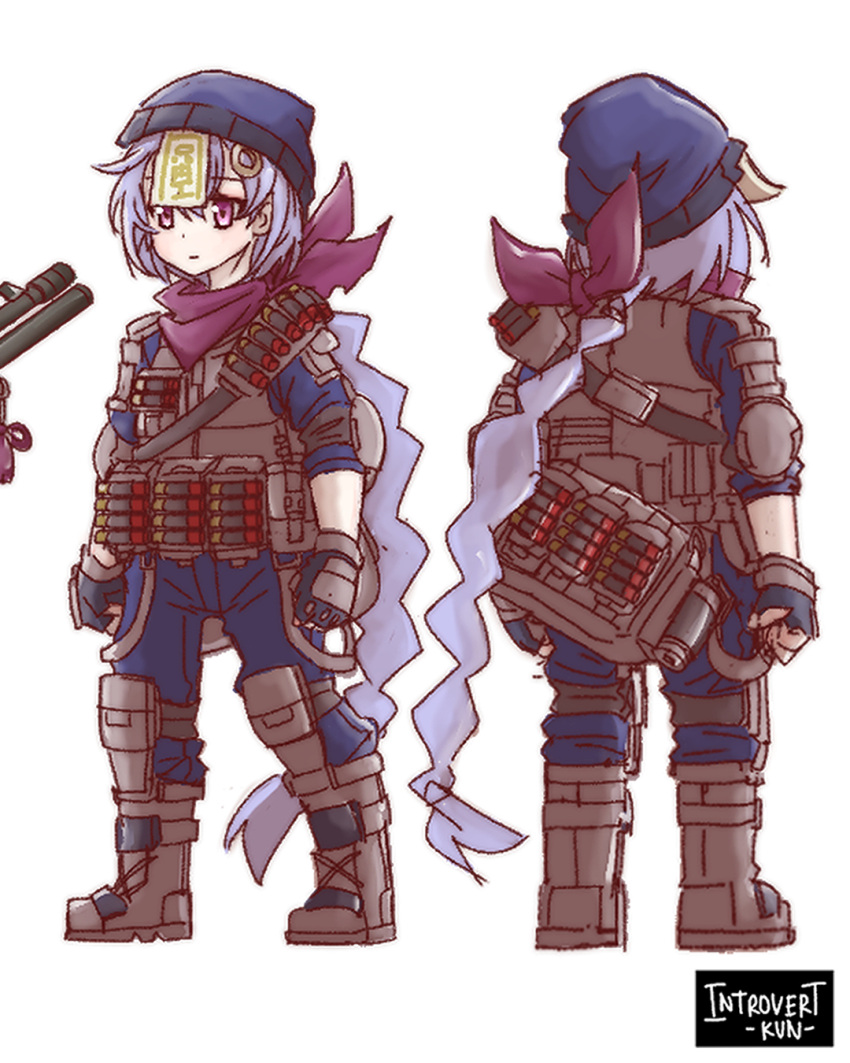 1girl absurdly_long_hair bag bangs black_gloves black_jumpsuit boots braid bulletproof_vest character_sheet coin_hair_ornament combat_boots commentary english_commentary eyebrows_visible_through_hair fingerless_gloves from_behind full_body genshin_impact gloves gun hair_ribbon hat highres introvert-kun jiangshi long_hair looking_at_viewer low_ponytail ofuda purple_hair purple_scarf qiqi_(genshin_impact) ribbon scarf shotgun shotgun_shells sidelocks simple_background single_braid solo tactical_clothes very_long_hair violet_eyes weapon white_background