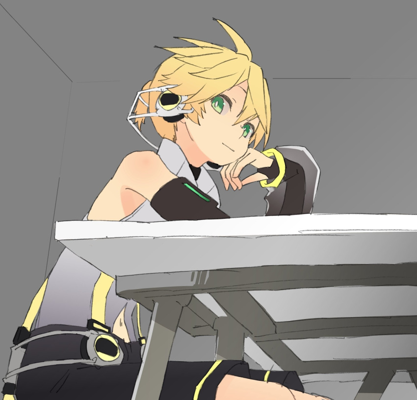 1boy arm_support bare_shoulders belt black_shorts black_sleeves blonde_hair cheek_rest d_futagosaikyou detached_sleeves from_below green_eyes grey_shirt harness headphones highres kagamine_len light_smile looking_at_viewer looking_to_the_side male_focus navel shirt short_ponytail shorts sleeveless sleeveless_shirt solo spiky_hair table vocaloid vocaloid_append