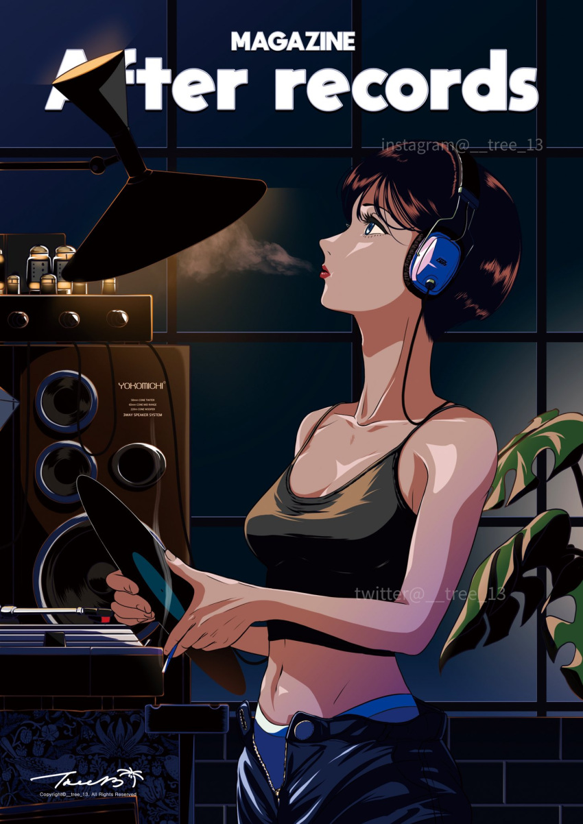 1girl bare_shoulders black_camisole black_hair black_pants camisole headphones highres holding_record leaf midriff navel open_fly original pants plant profile shadow short_hair signature solo tree_13 upper_body