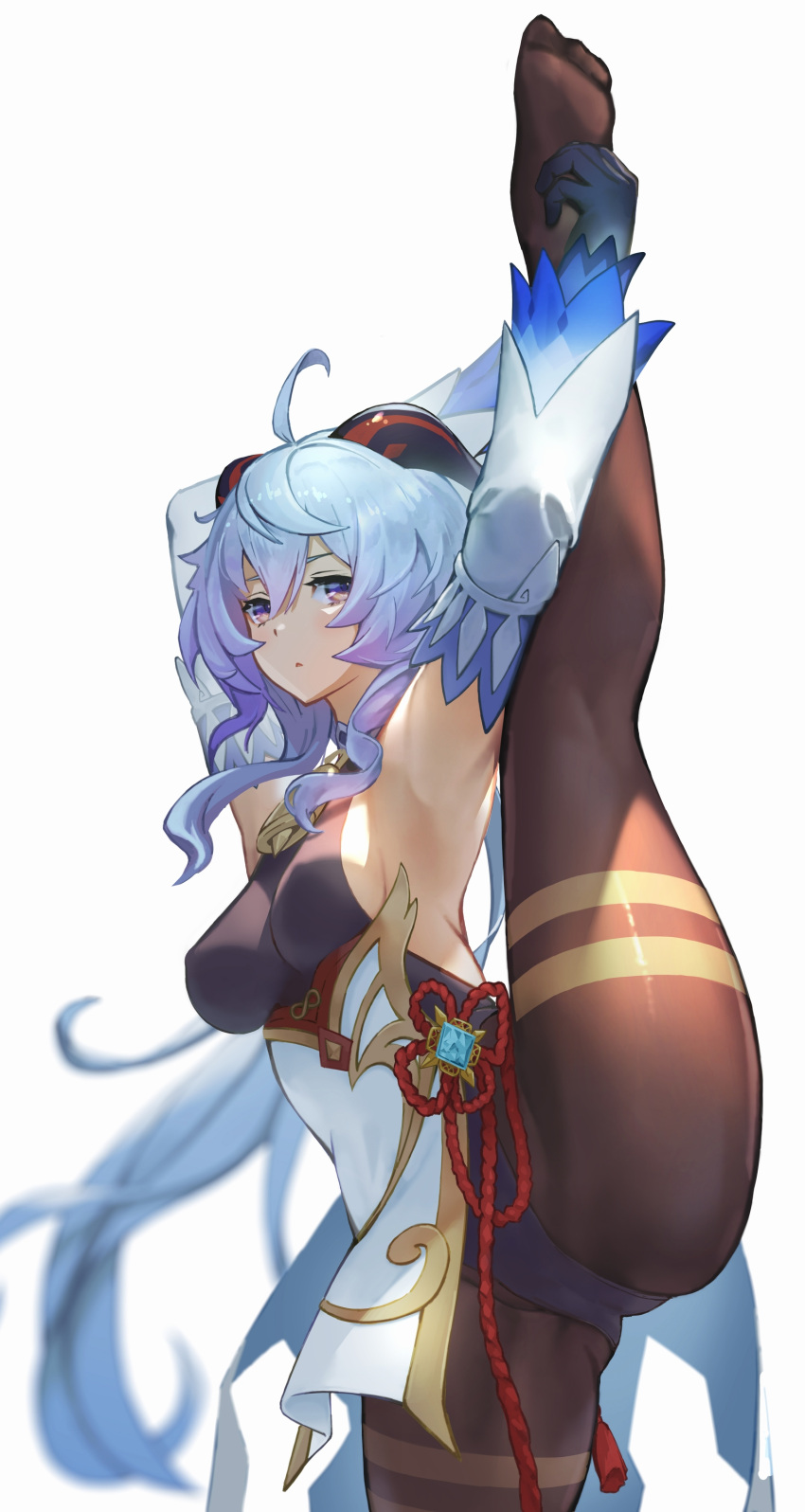 1girl absurdres ahoge armpits arms_up bangs bell black_legwear blue_gloves blue_hair bodysuit breasts brown_bodysuit cowbell flexible ganyu_(genshin_impact) genshin_impact gloves goat_horns hair_between_eyes harada_isuka highres horns legs leotard leotard_under_clothes long_hair long_image long_sleeves looking_at_viewer medium_breasts neck_bell no_shoes pantyhose sideboob simple_background solo split standing standing_on_one_leg standing_split very_long_hair violet_eyes white_background