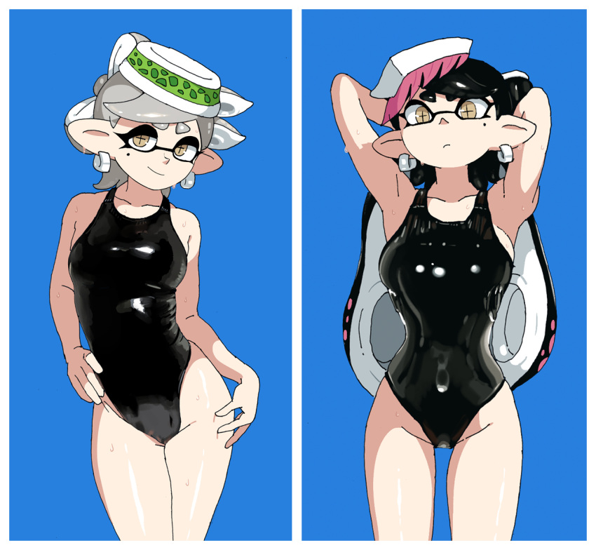 +_+ 2girls armpits arms_up black_swimsuit blue_background breasts brown_eyes callie_(splatoon) cousins cowboy_shot earrings food food_on_head grey_hair jewelry looking_at_viewer marie_(splatoon) medium_breasts mole mole_under_eye multiple_girls object_on_head one-piece_swimsuit pointy_ears shadow shiny simple_background smile splatoon_(series) swimsuit yuta_agc