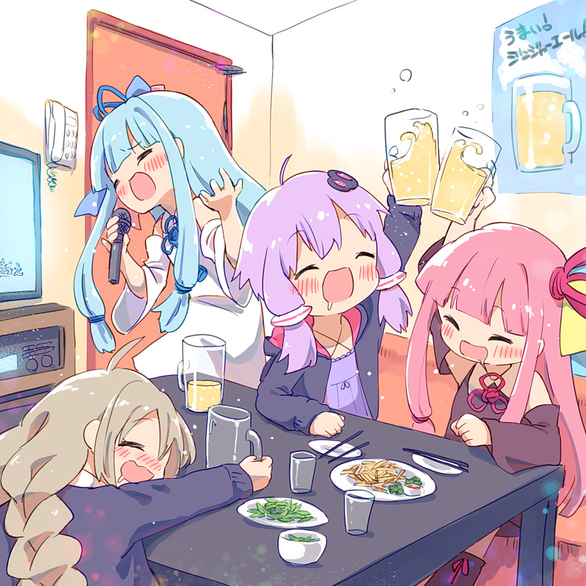 4girls ahoge arm_up ayakashi_(monkeypanch) bangs bare_shoulders black_jacket blunt_bangs blush bubble chopsticks class closed_mouth commentary criss-cross_halter cup detached_sleeves dress food hair_ornament hair_ribbon halterneck head_rest highres holding holding_cup indoors jacket japanese_clothes karaoke kizuna_akari kotonoha_akane kotonoha_aoi light_blue_hair long_hair microphone multiple_girls music open_mouth peas phone pink_hair pitcher plate platinum_blonde_hair poster_(object) purple_dress purple_hair ribbon saliva shirt sidelocks singing sleeveless sleeveless_shirt smile standing television toast_(gesture) translated very_long_hair vocaloid voiceroid white_shirt white_sleeves yuzuki_yukari