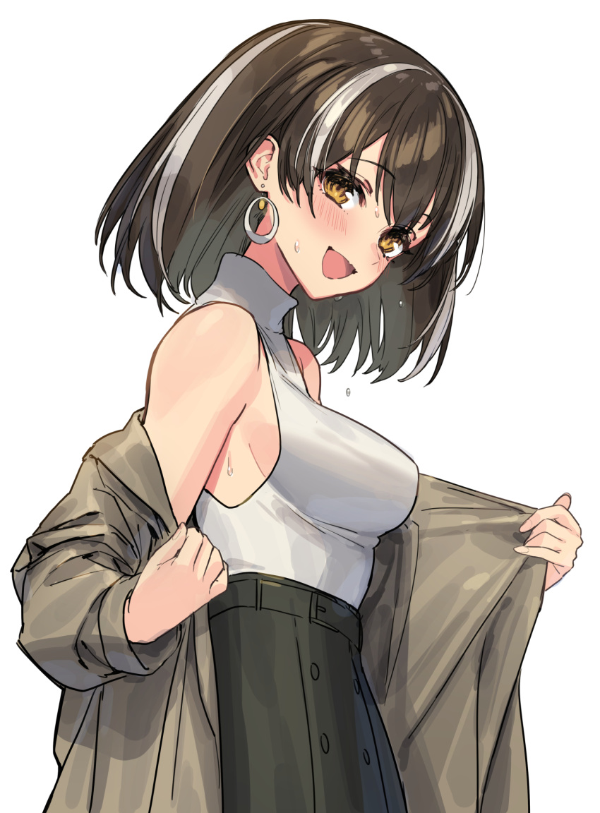 1girl alternate_costume arknights black_skirt blush breasts brown_coat brown_hair coat earrings eyebrows_visible_through_hair high-waist_skirt highres jewelry looking_at_viewer magallan_(arknights) medium_breasts multicolored_hair off_shoulder open_clothes open_coat open_mouth shirt shirt_tucked_in short_hair sideboob sigm@ silver_hair simple_background skirt sleeveless sleeveless_shirt smile solo streaked_hair sweat turtleneck two-tone_hair undressing upper_body white_background white_shirt yellow_eyes