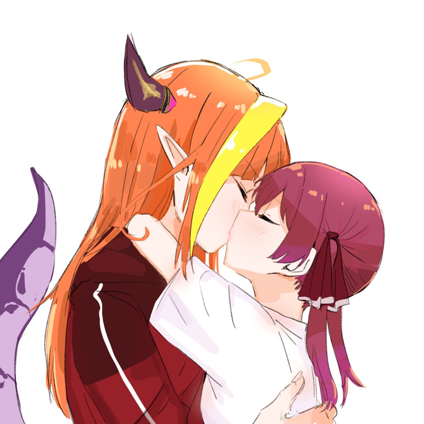 2girls ahoge bangs blonde_hair blunt_bangs bow dragon_girl dragon_horns hairband highres hololive horn_bow horns houshou_marine kirome_toru_2 kiryu_coco kiss long_hair multicolored_hair multiple_girls orange_hair pointy_ears redhead simple_background tail twintails virtual_youtuber white_background yuri