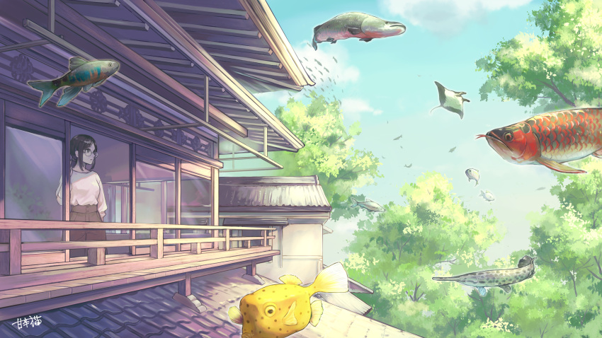 1girl absurdres animal_request blouse blue_sky brown_hair brown_pants building clouds commentary_request fish floating glasses hand_up highres long_hair long_sleeves original outdoors pants ponytail raito_(latek) scenery sky solo surreal tree white_blouse window